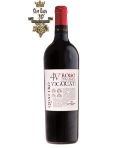 Rượu Vang Ý Quattro Vicariati Doc có màu đỏ hồng ngọc rực rỡ. Hương thơm của các loại quả mận, anh đào đen, thuốc lá. Hương vị hấp dẫn, thú vị có sự cân bằng tuyệt vời.
