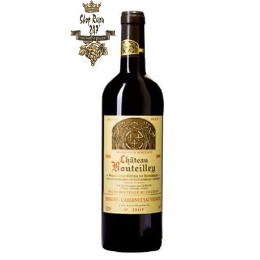 Rượu vang Pháp Château Bouteilley Premieres Cotes de Bordeaux 37.5 cL được làm từ từ nho Merlot, Cabernet Sauvignon đặc trưng. Rượu chứa một màu đỏ cam sống động