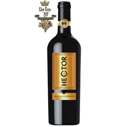 Rượu Vang Hector Primitivo Di Manduria có màu ruby ​​đậm với phản chiếu của quả anh đào. Hương thơm của rượu hào phóng